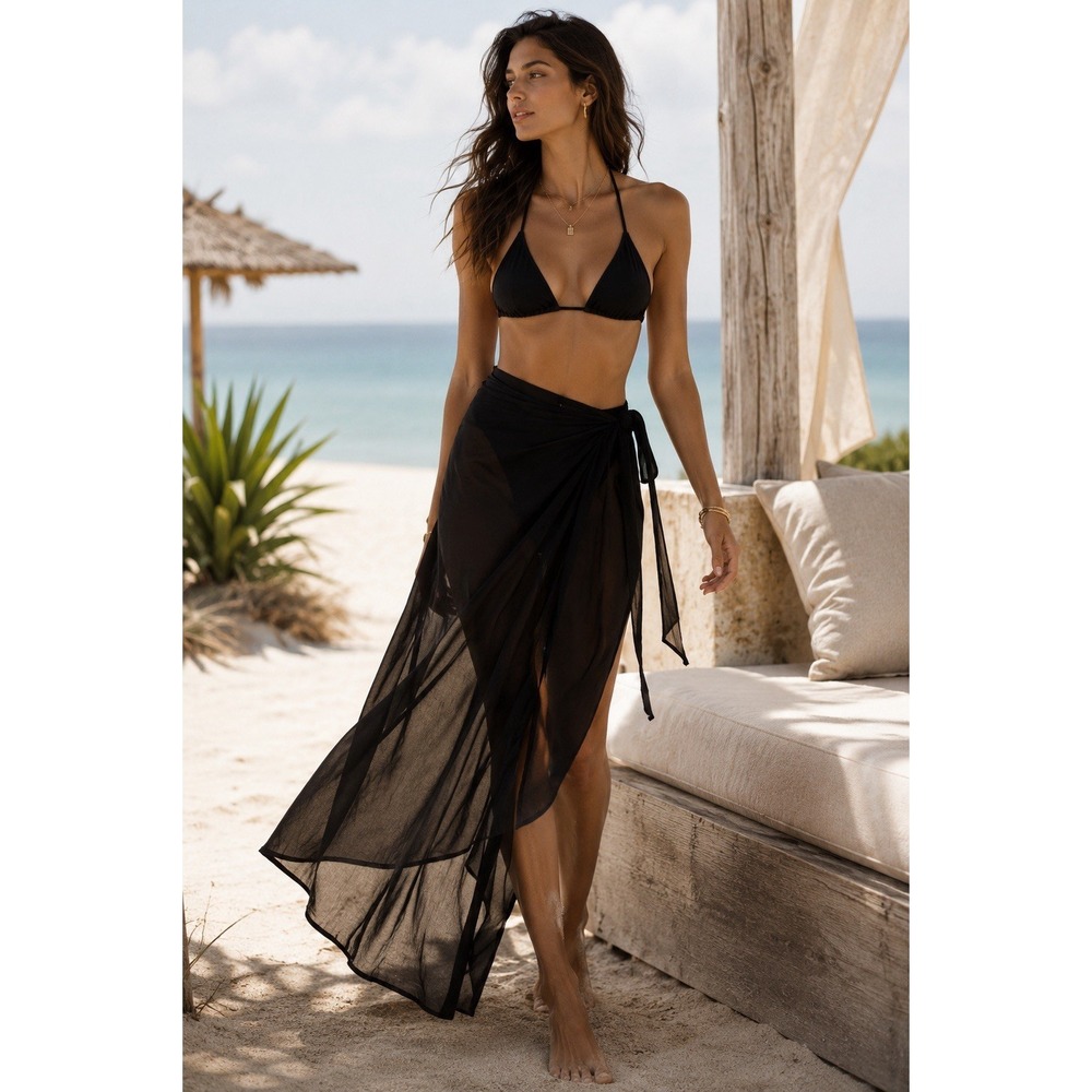 Black Chiffon Wrap Maxi Skirt Semi Sheer Beach Cover Up Sarong One Size